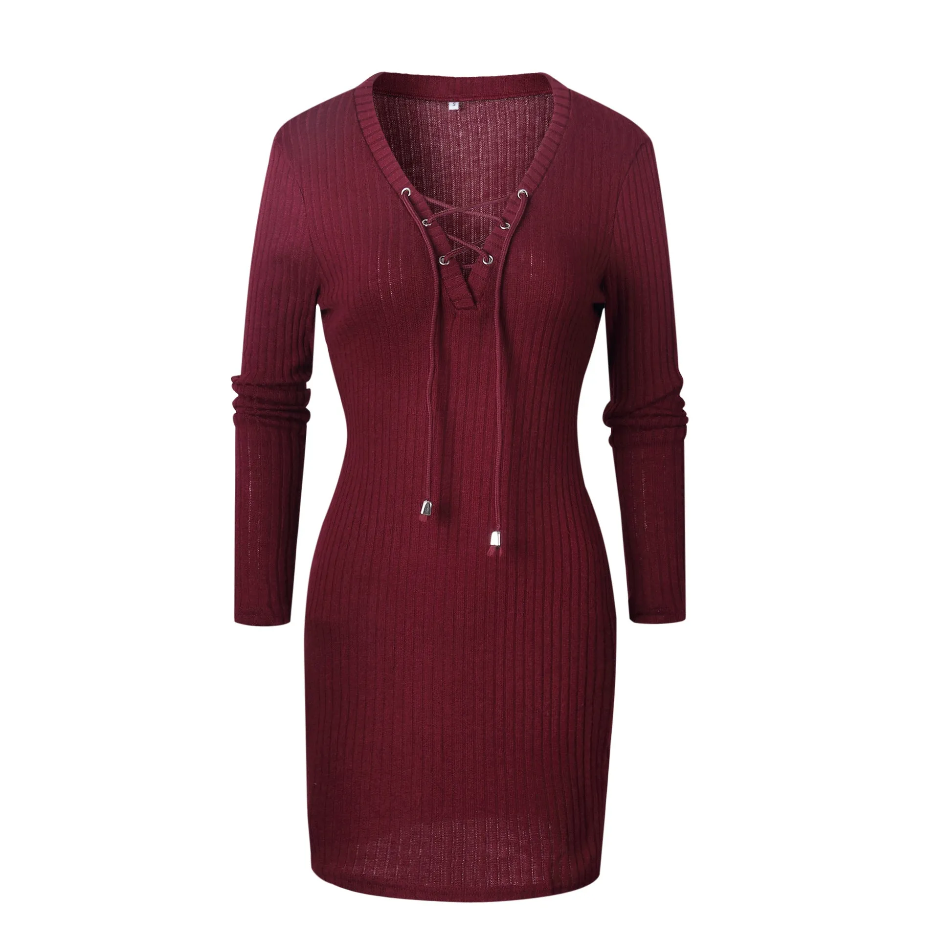 Autumn Winter Sexy V-Neck Lace Up Long Sleeve Dress