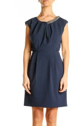 Blue Classic Sequin Neckline Fit & Flare Dress