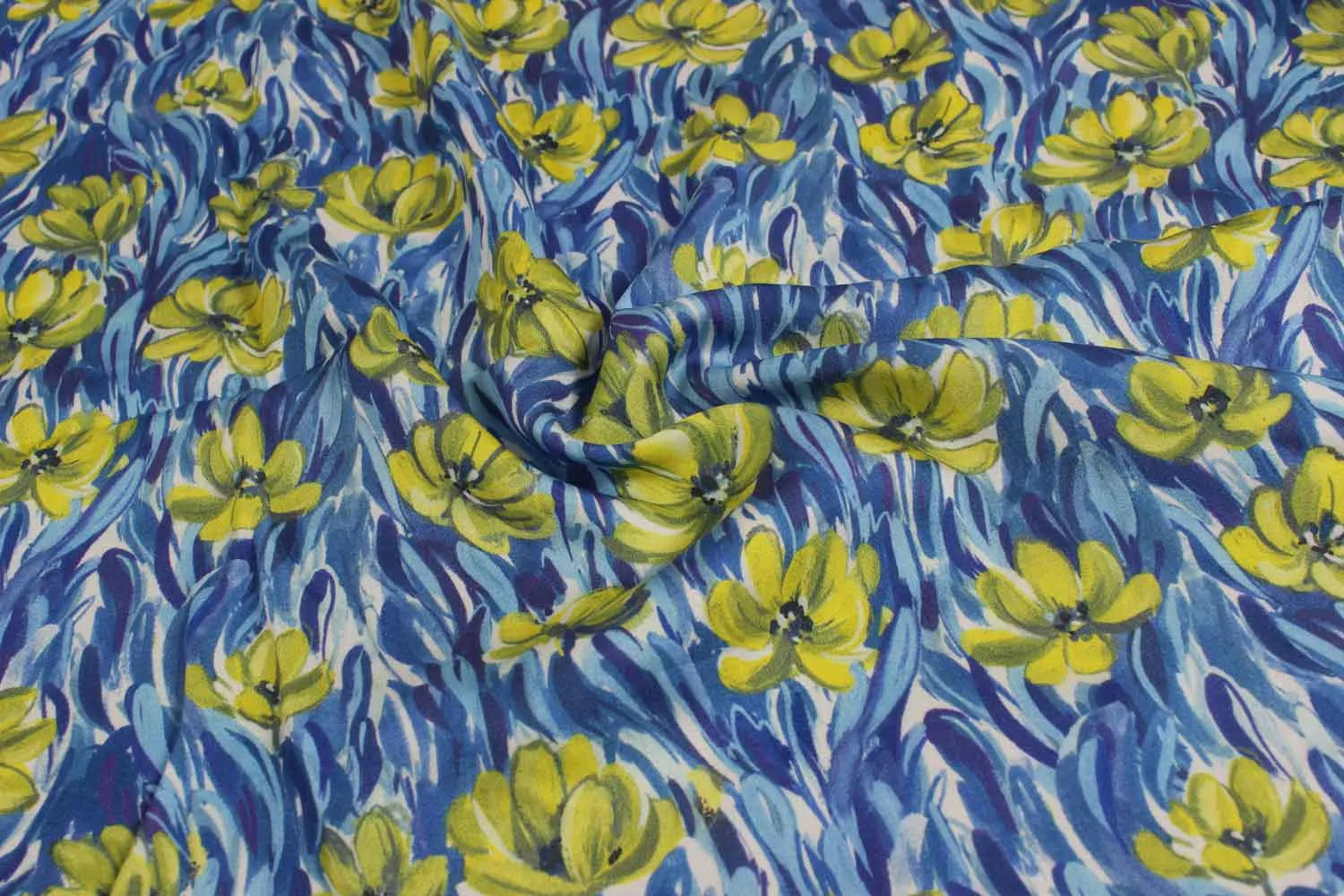 Blue, White & Green Floral Digitally Printed Modal Fabric