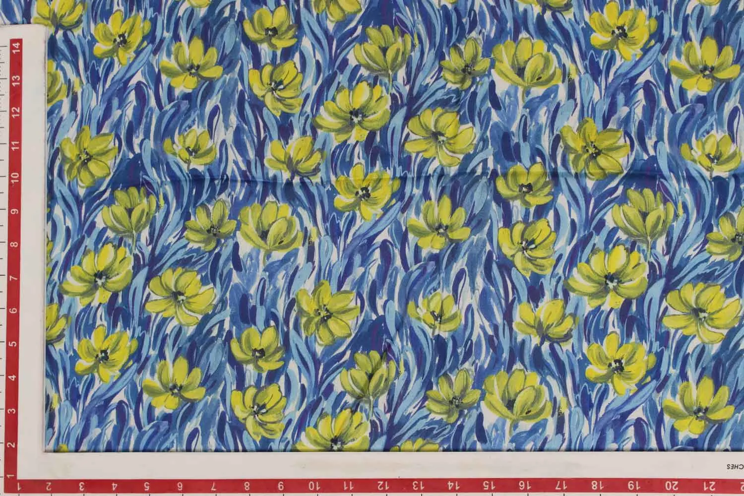 Blue, White & Green Floral Digitally Printed Modal Fabric