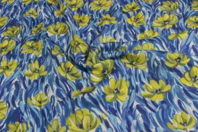 Blue, White & Green Floral Digitally Printed Modal Fabric