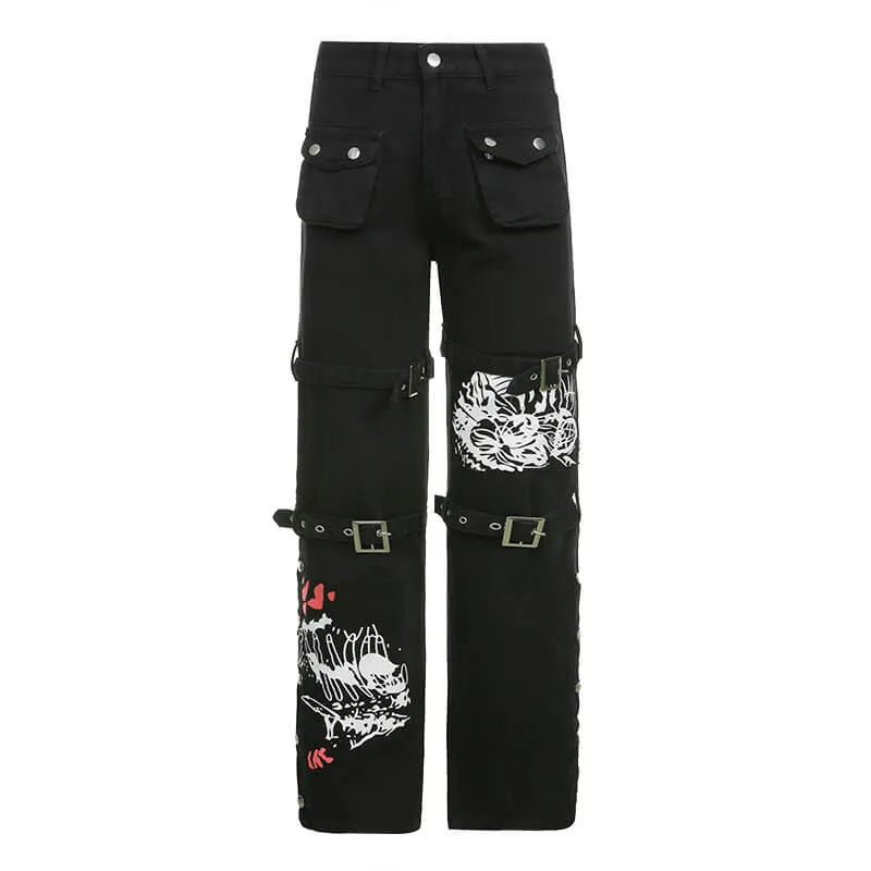 Buckle Strap Printed Cotton Cargo Pants