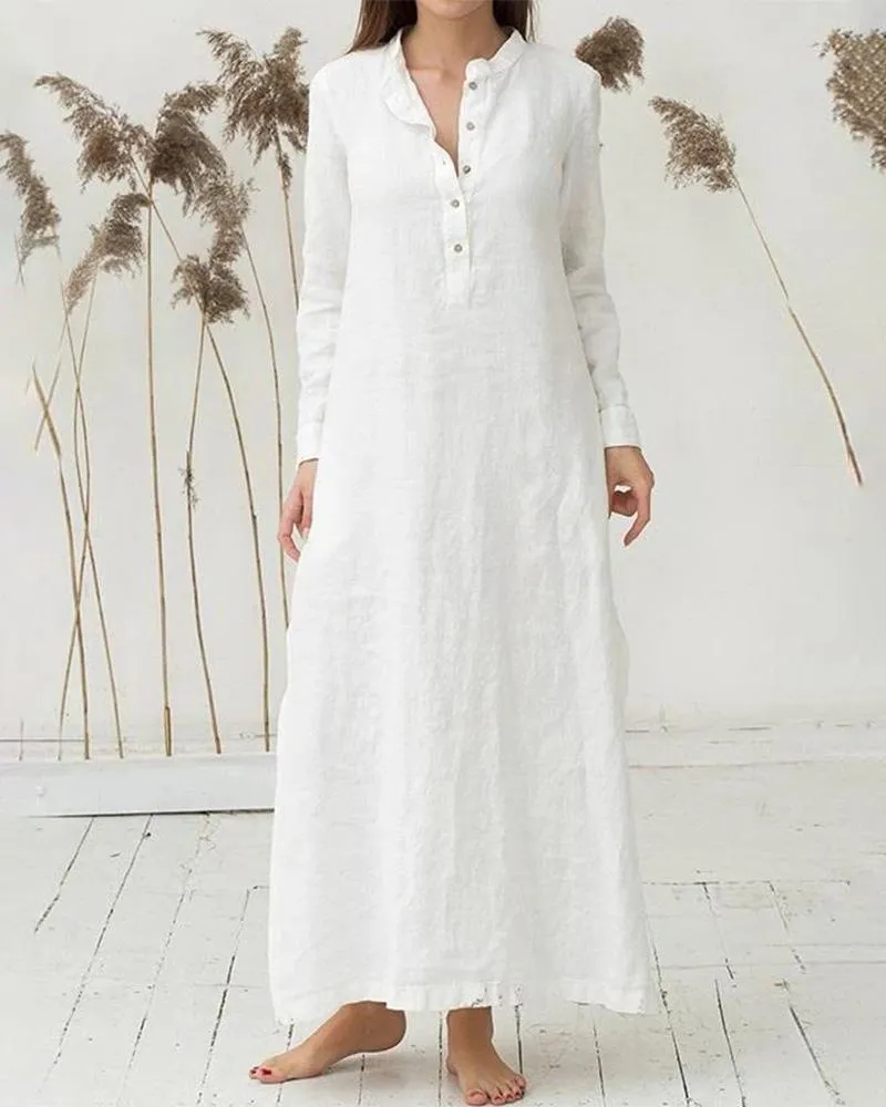 Casual Buttoned Shift Cotton Woman Maxi Dress