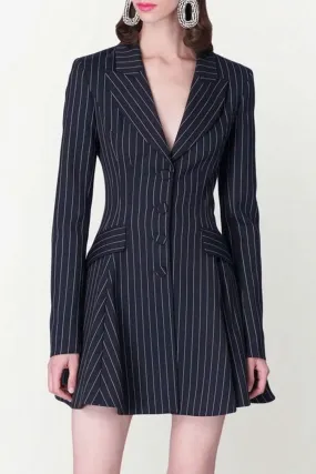 Classic Lapel Button Front Fit & Flare Striped Blazer Mini Dress - Navy Blue