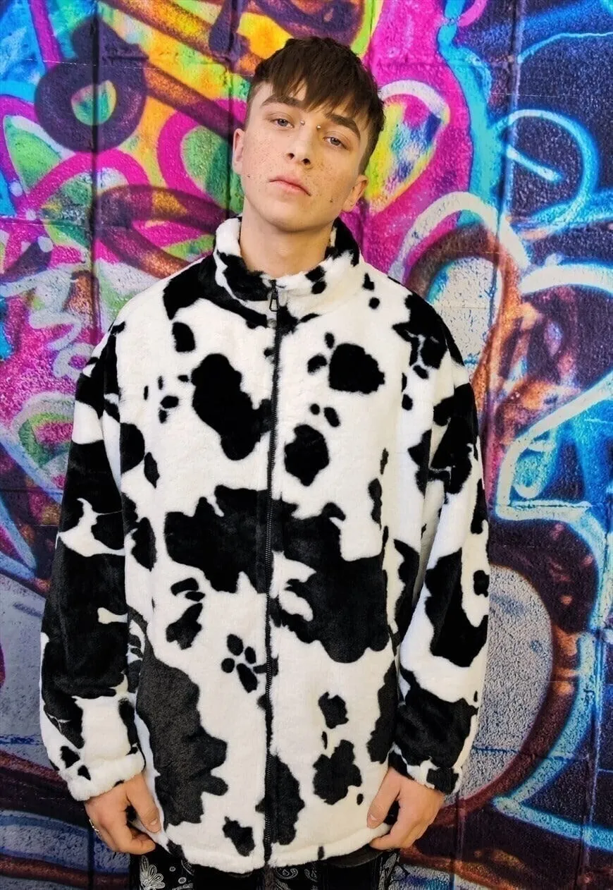 Cow fleece jacket in white animal print fluffy spot bomber