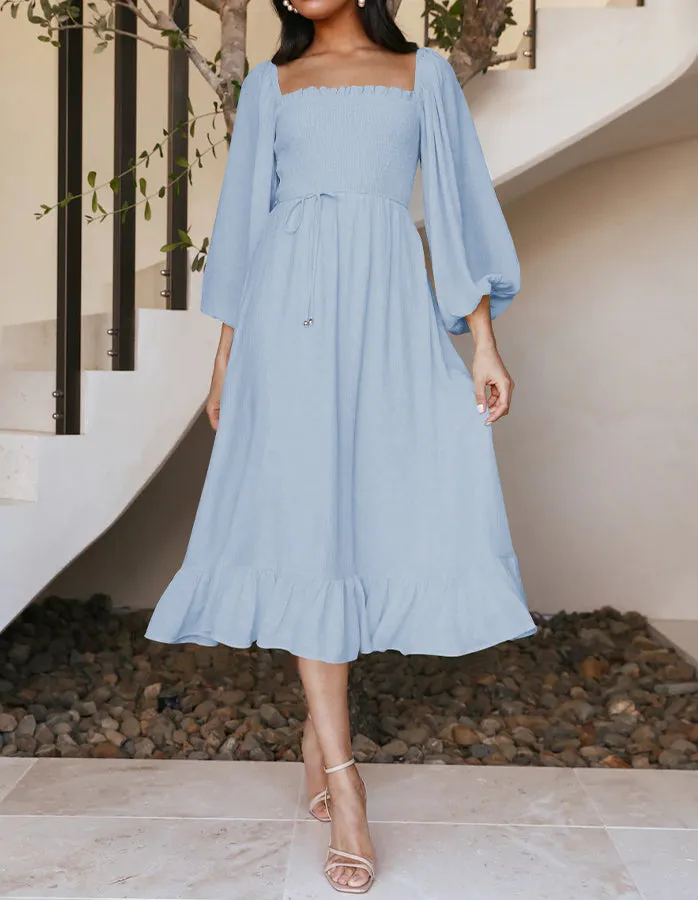 Elegant Square Collar Ruffled Midi Dress