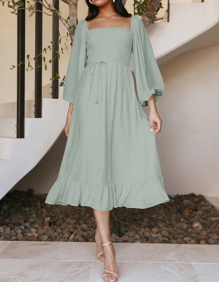 Elegant Square Collar Ruffled Midi Dress