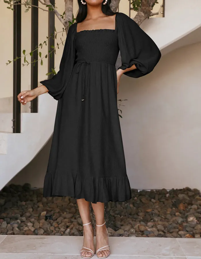 Elegant Square Collar Ruffled Midi Dress