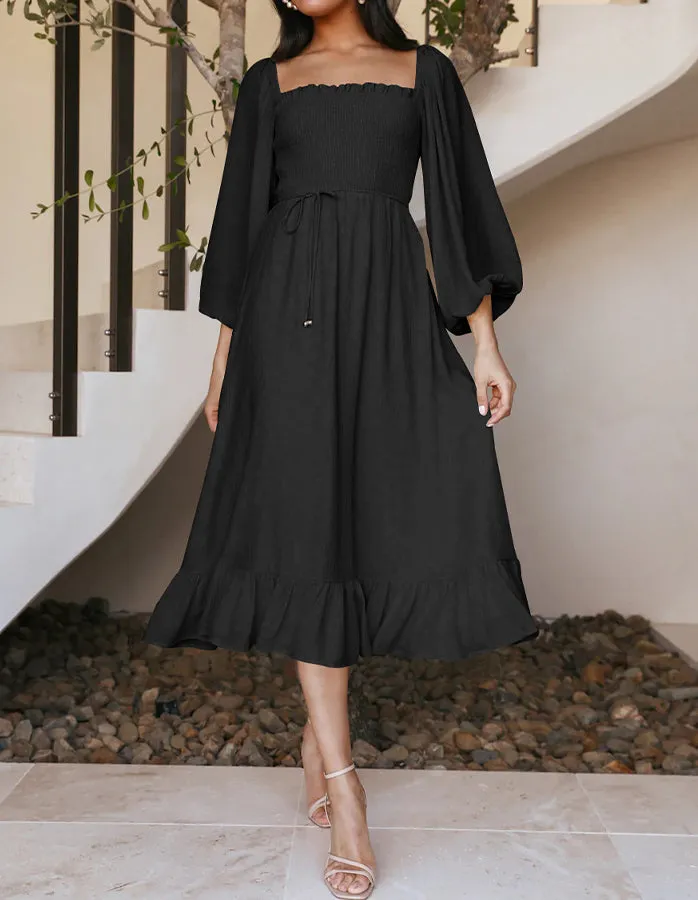 Elegant Square Collar Ruffled Midi Dress