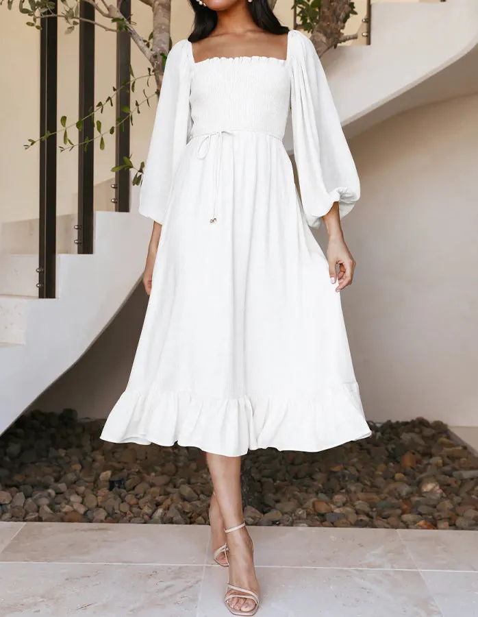 Elegant Square Collar Ruffled Midi Dress