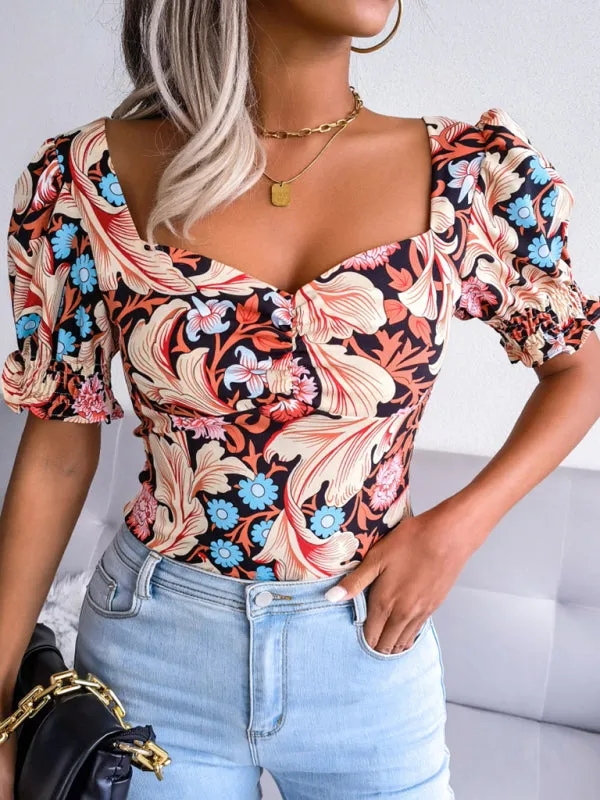 Floral Fitted Smocked Back Blouse for Casual Gatherings