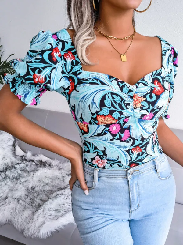 Floral Fitted Smocked Back Blouse for Casual Gatherings