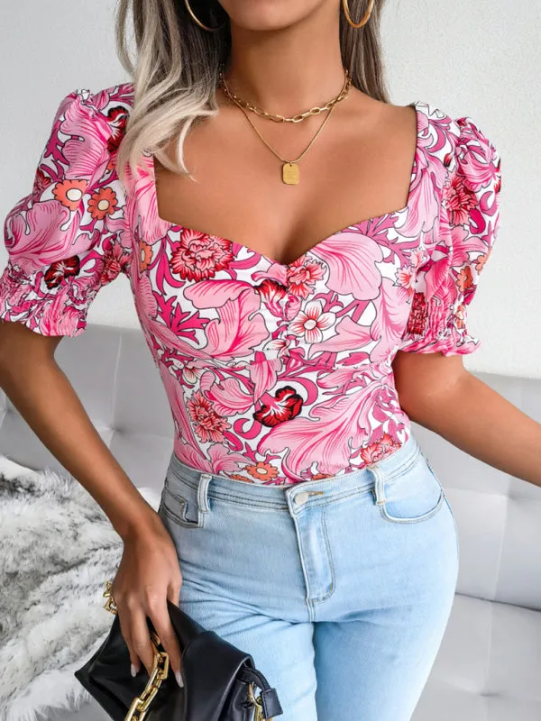 Floral Fitted Smocked Back Blouse for Casual Gatherings