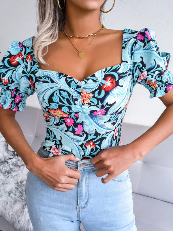 Floral Fitted Smocked Back Blouse for Casual Gatherings