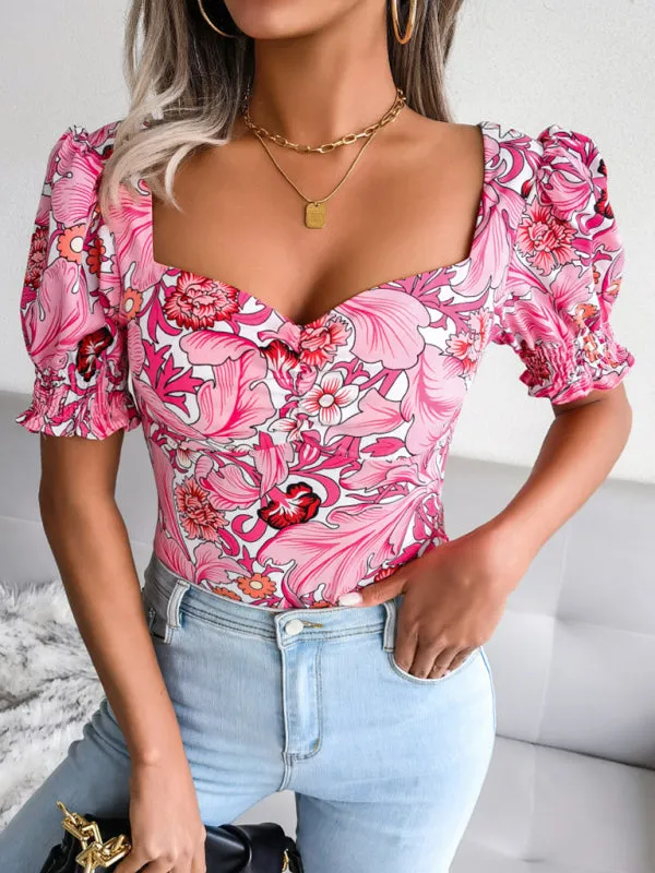 Floral Fitted Smocked Back Blouse for Casual Gatherings