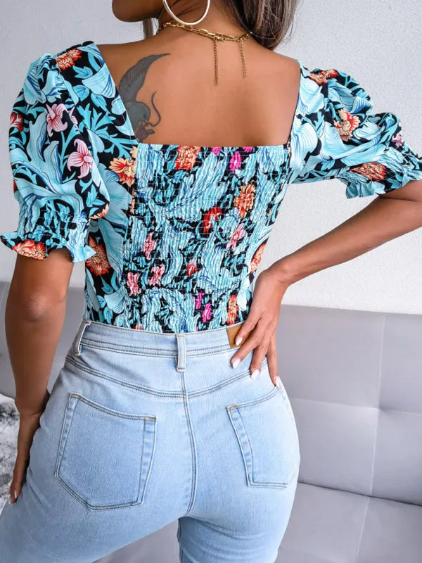 Floral Fitted Smocked Back Blouse for Casual Gatherings