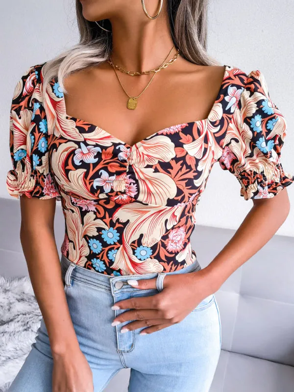 Floral Fitted Smocked Back Blouse for Casual Gatherings