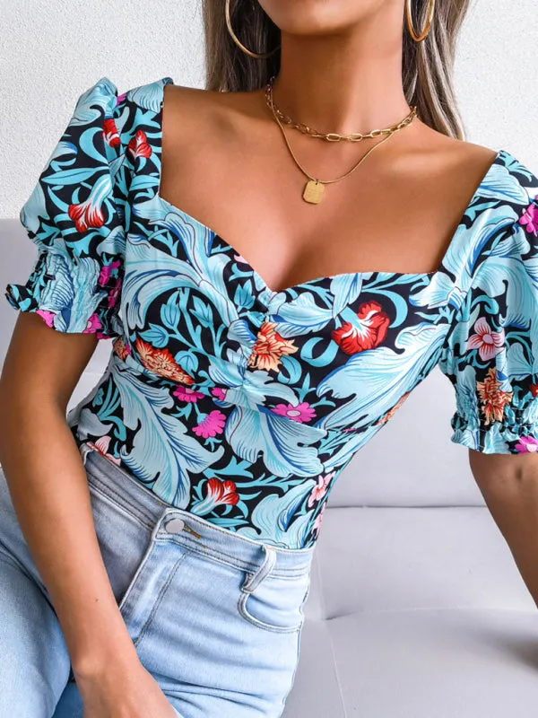 Floral Fitted Smocked Back Blouse for Casual Gatherings