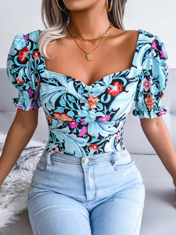 Floral Fitted Smocked Back Blouse for Casual Gatherings