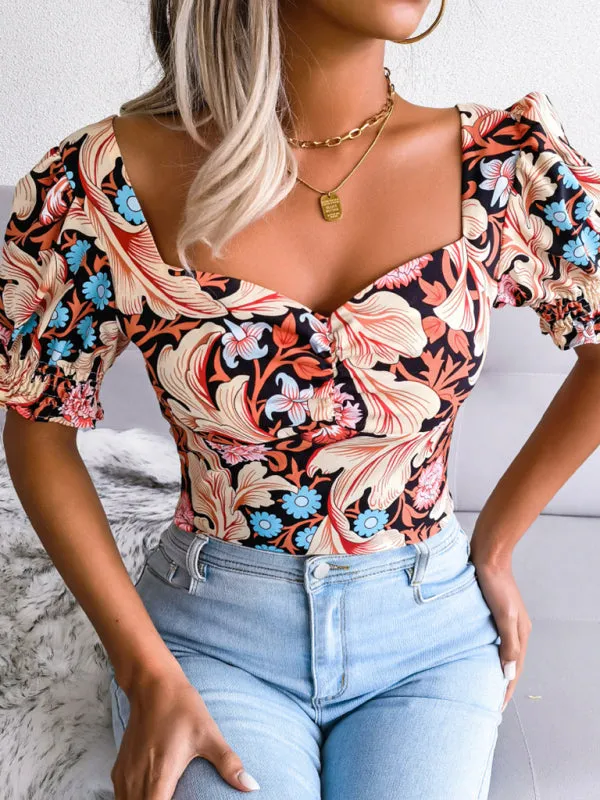 Floral Fitted Smocked Back Blouse for Casual Gatherings