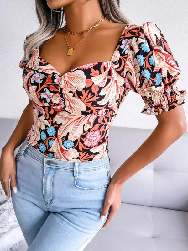 Floral Fitted Smocked Back Blouse for Casual Gatherings