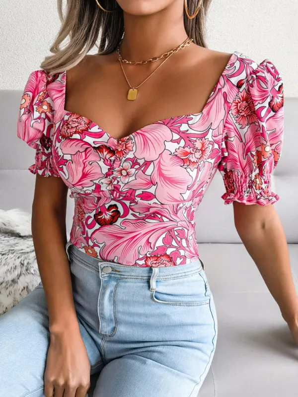 Floral Fitted Smocked Back Blouse for Casual Gatherings