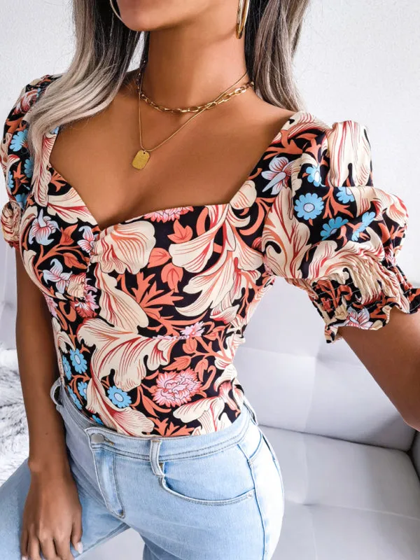 Floral Fitted Smocked Back Blouse for Casual Gatherings