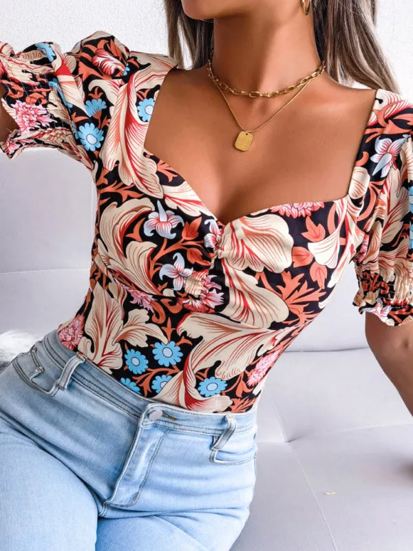 Floral Fitted Smocked Back Blouse for Casual Gatherings