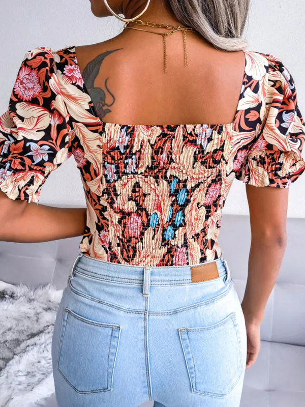 Floral Fitted Smocked Back Blouse for Casual Gatherings