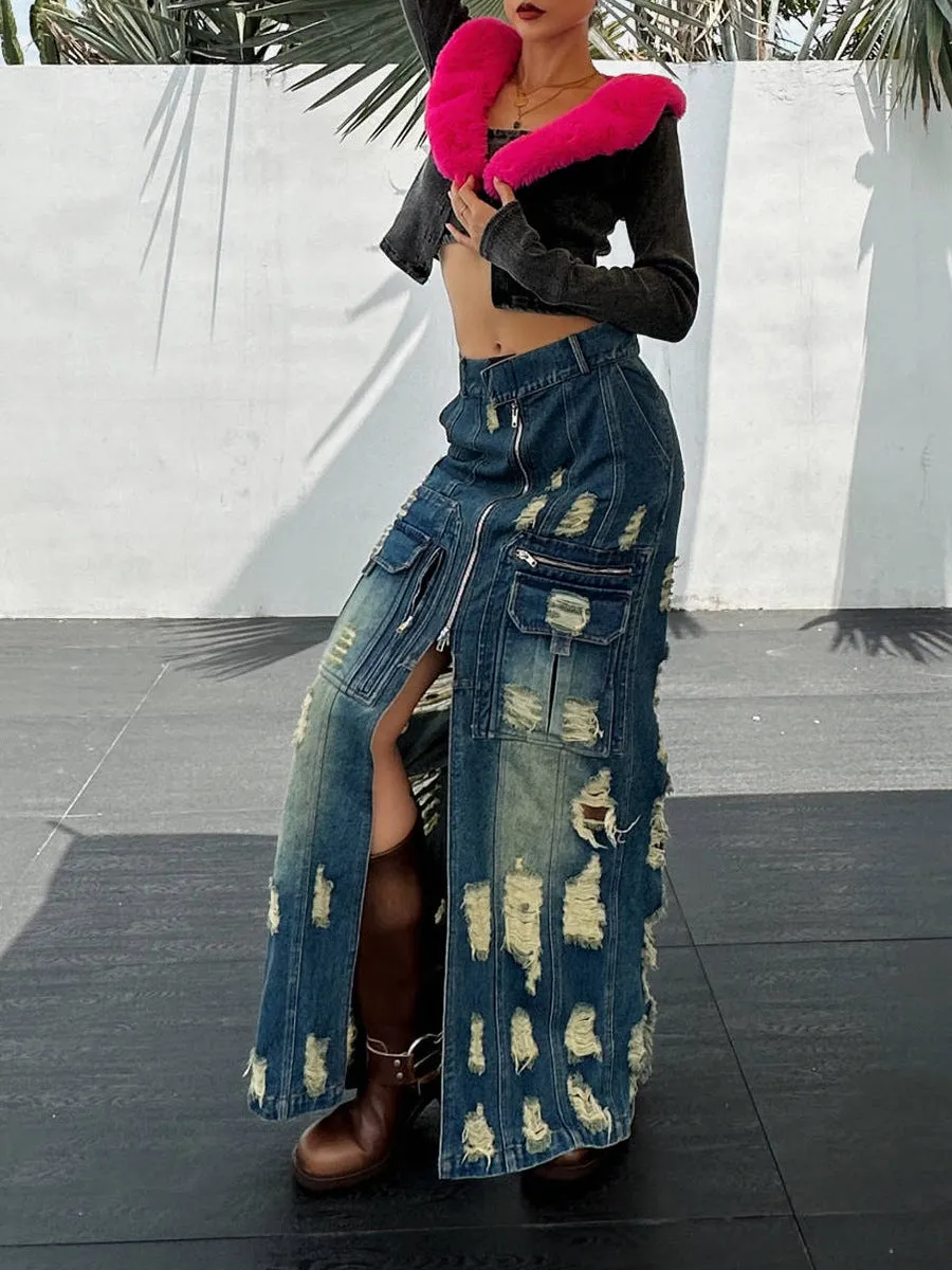 Frayed slim Denim long skirt