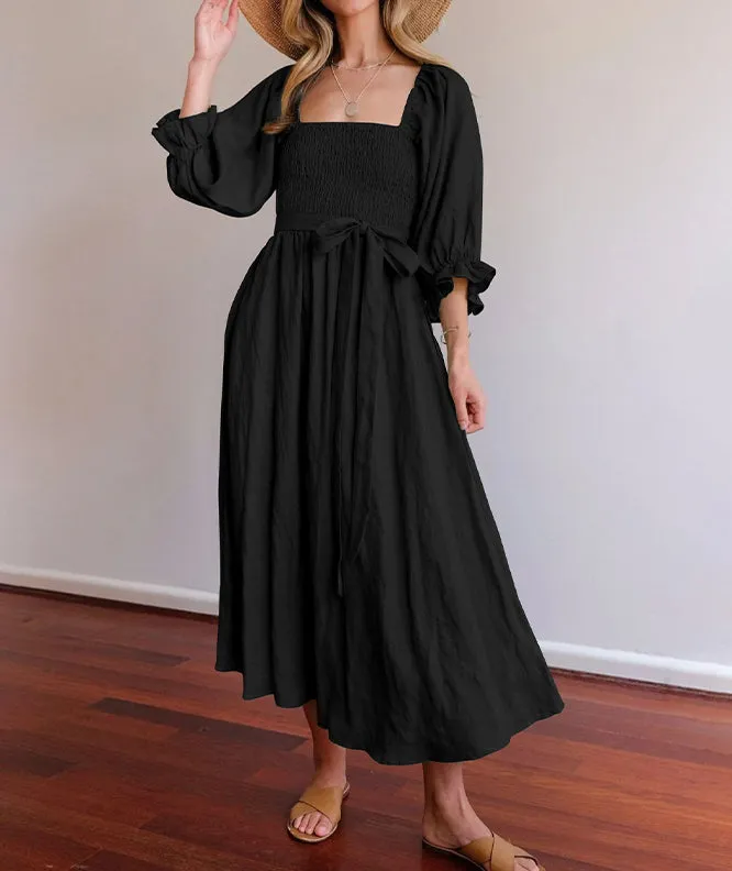 French Ruffled Lantern Sleeves Multi-wear Dress Black