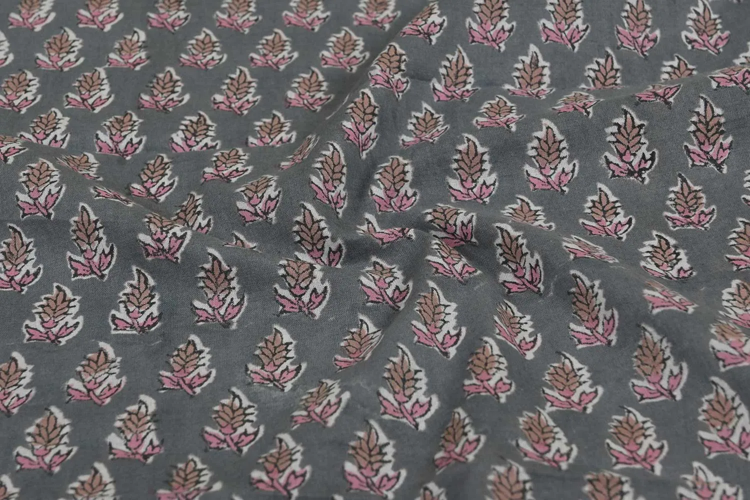 Gray & Pink Motifs Cotton Cambric Fabric