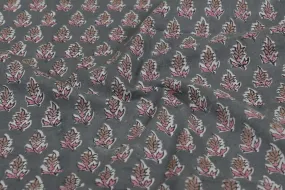 Gray & Pink Motifs Cotton Cambric Fabric