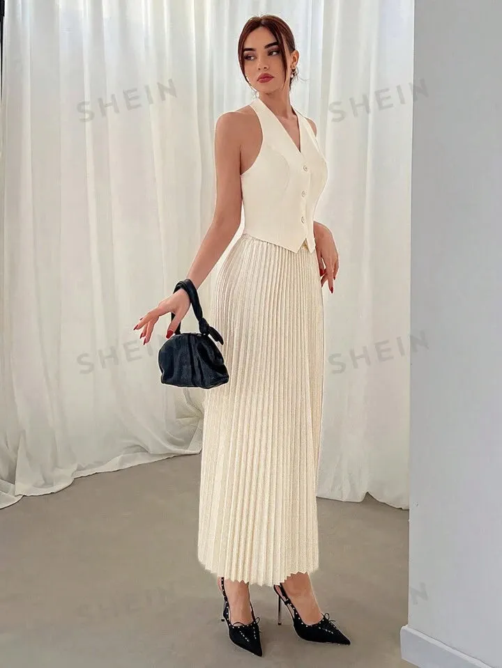 Halterneck vest and pleated skirt set in nude