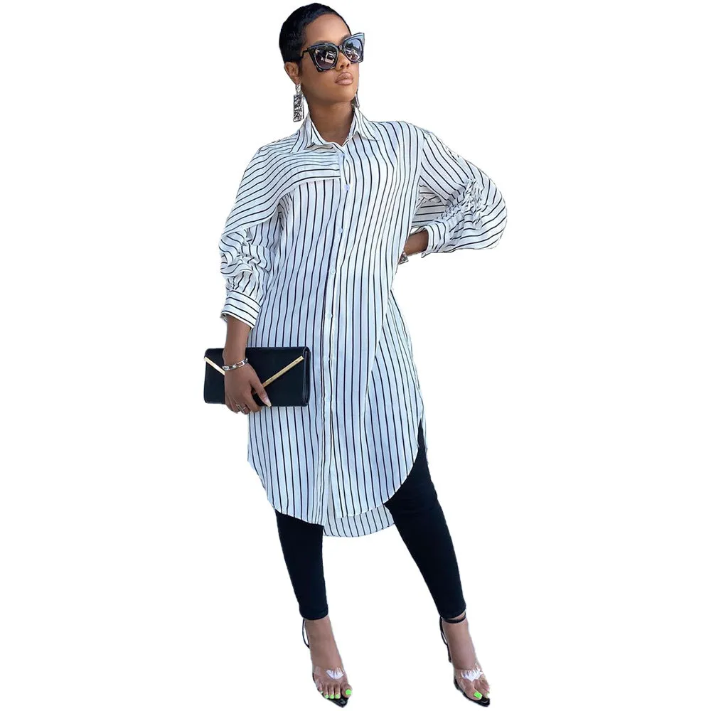 Hot Recommended Striped Shirt Loose Long Thin Jacket Multi-color Choice Tops