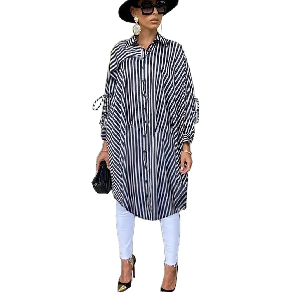 Hot Recommended Striped Shirt Loose Long Thin Jacket Multi-color Choice Tops