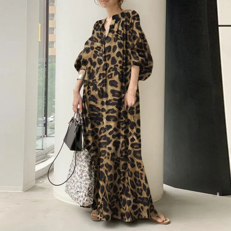 Leopard Prints Stand Collar Bubble Sleeves Casual Bohemian Shirt Dress