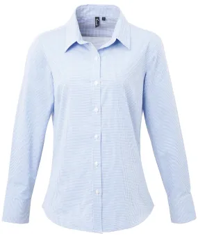 Light Blue/White - Women's Microcheck (Gingham) long sleeve cotton shirt