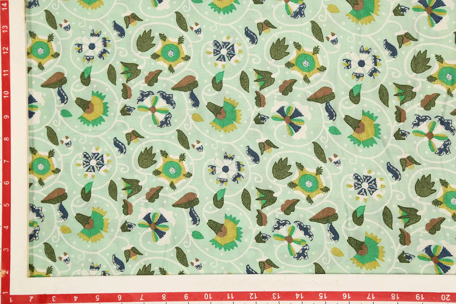 Light Green Traditional Printed Viscose Blend Fabric