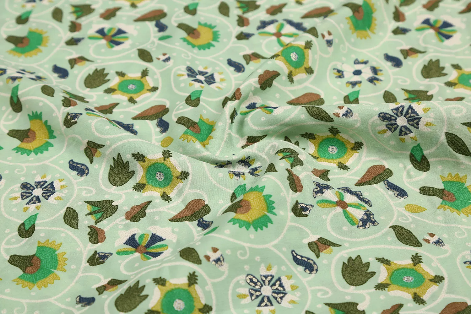 Light Green Traditional Printed Viscose Blend Fabric