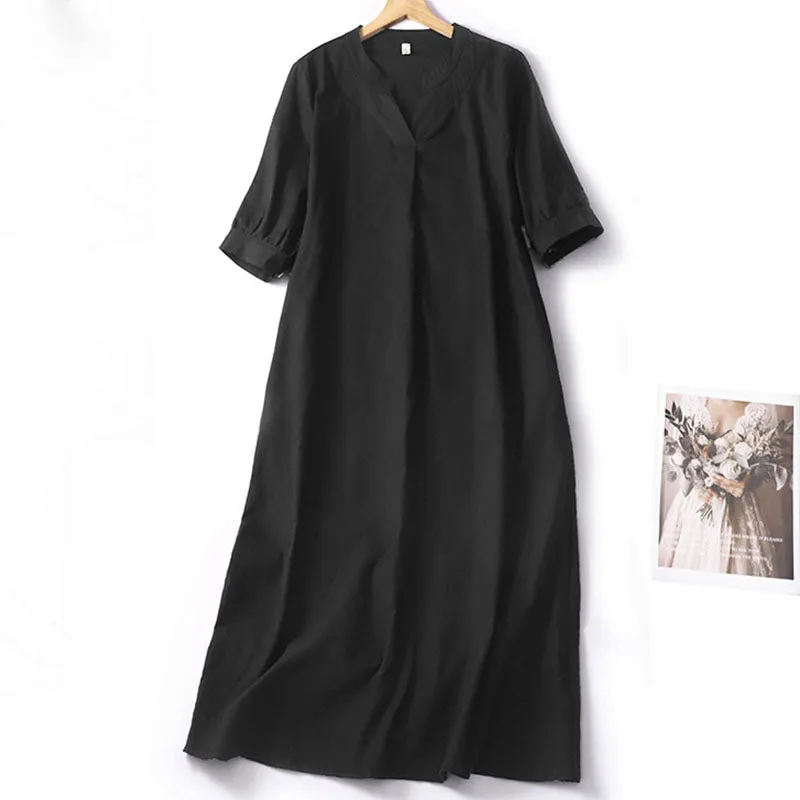 Literary Japanese style V-neck loose cotton linen gown