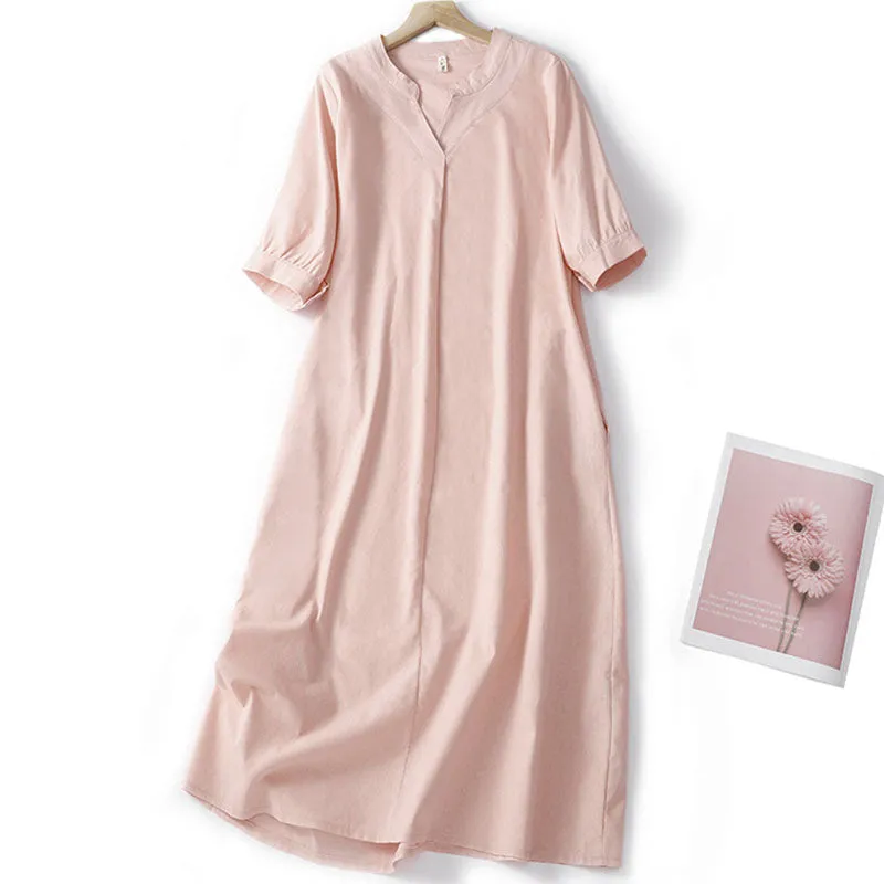 Literary Japanese style V-neck loose cotton linen gown