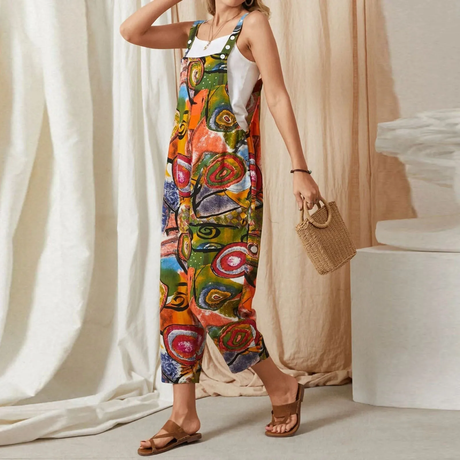 Loose Vintage Personality Print Plus Size Jumpsuit