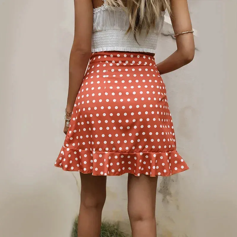 Multi Dot Print Ruffle High Waist Mini Skirt