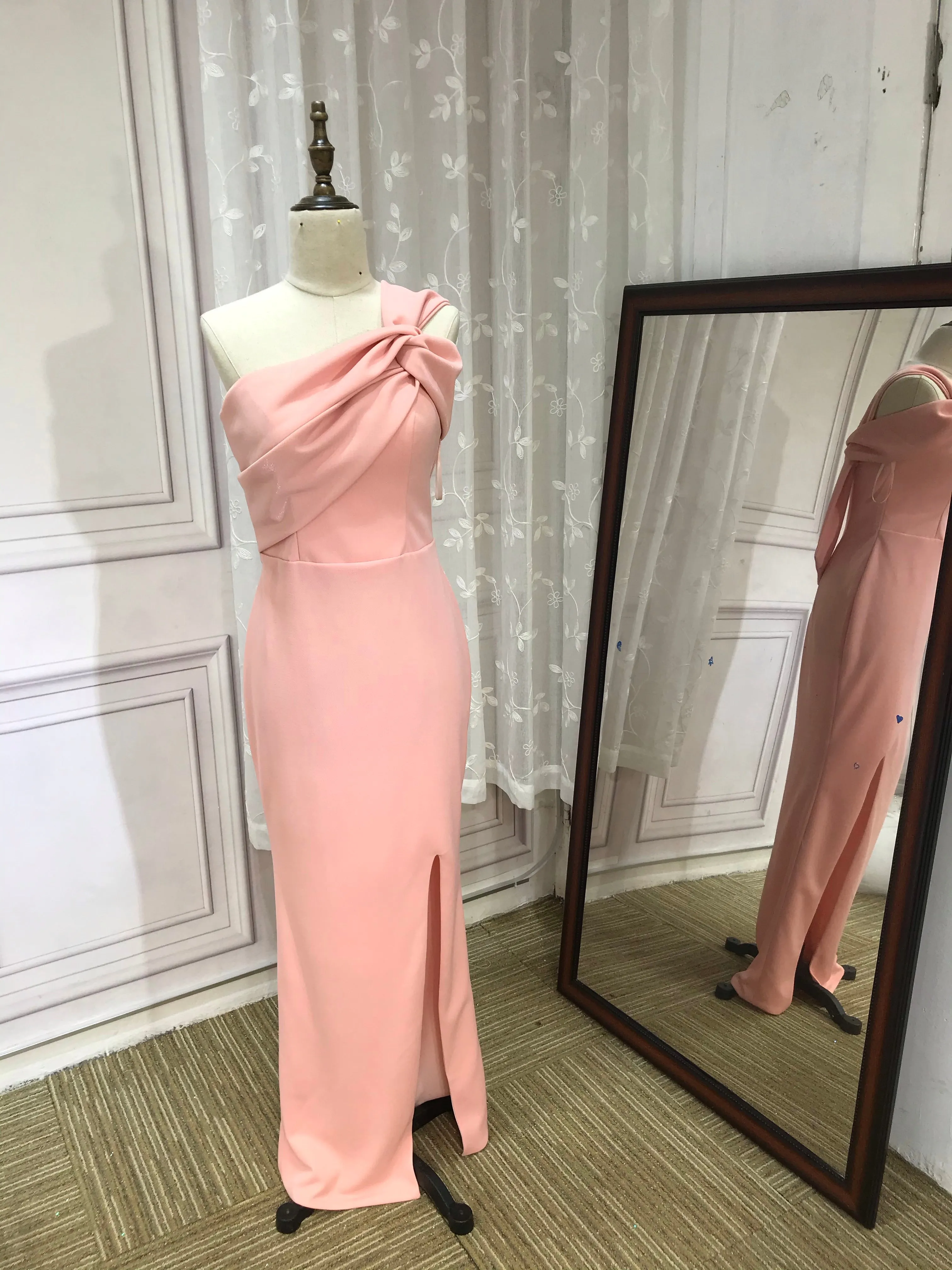 Off shoulder blush pink shiny bridesmaids dresses bodice slit  2020