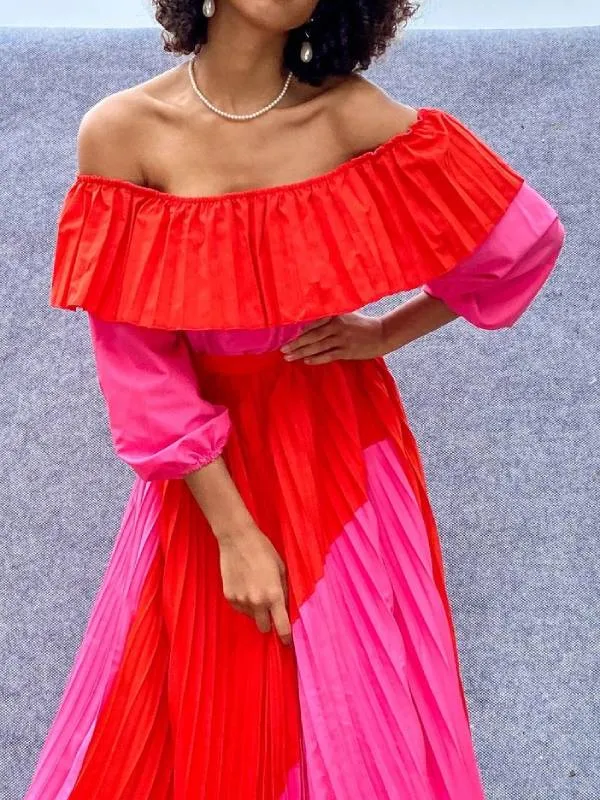 Off-the-shoulder Irregular Colorblock Dress