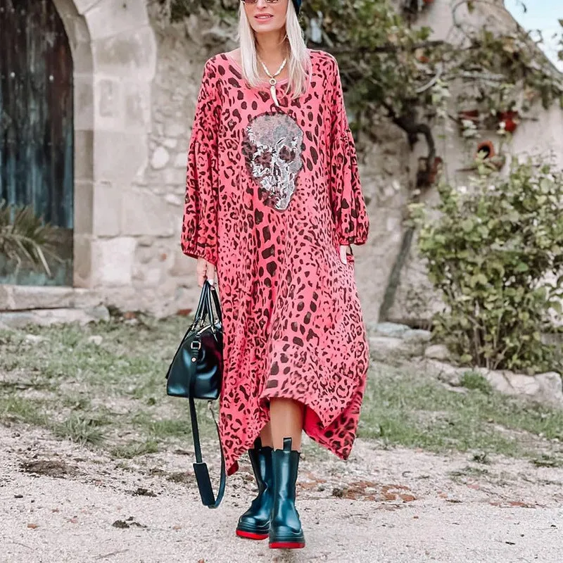 Oversized Skull Print Long Sleeve Dress