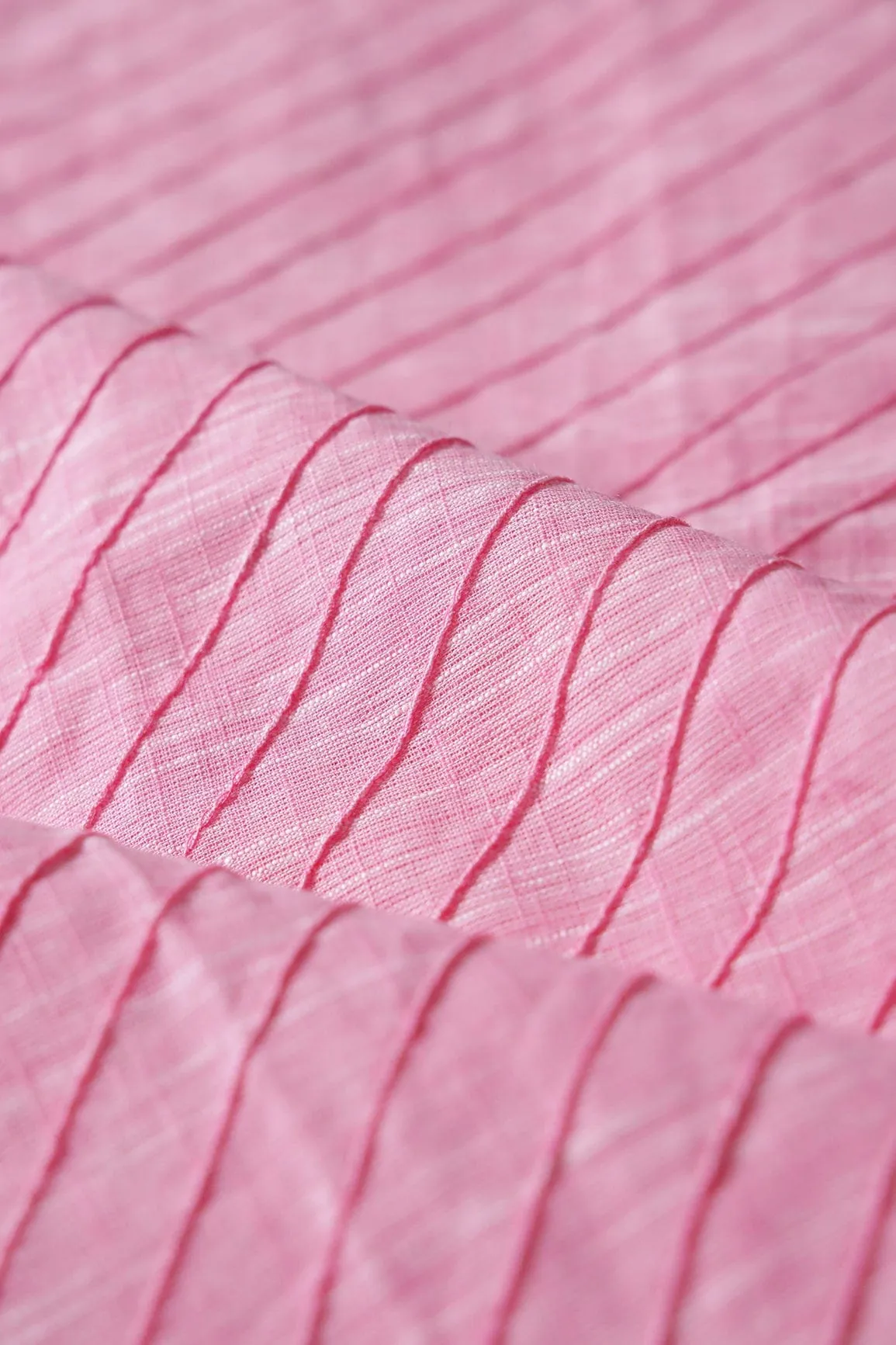 Pink Stripes Pintucks Plain Cotton Fabric