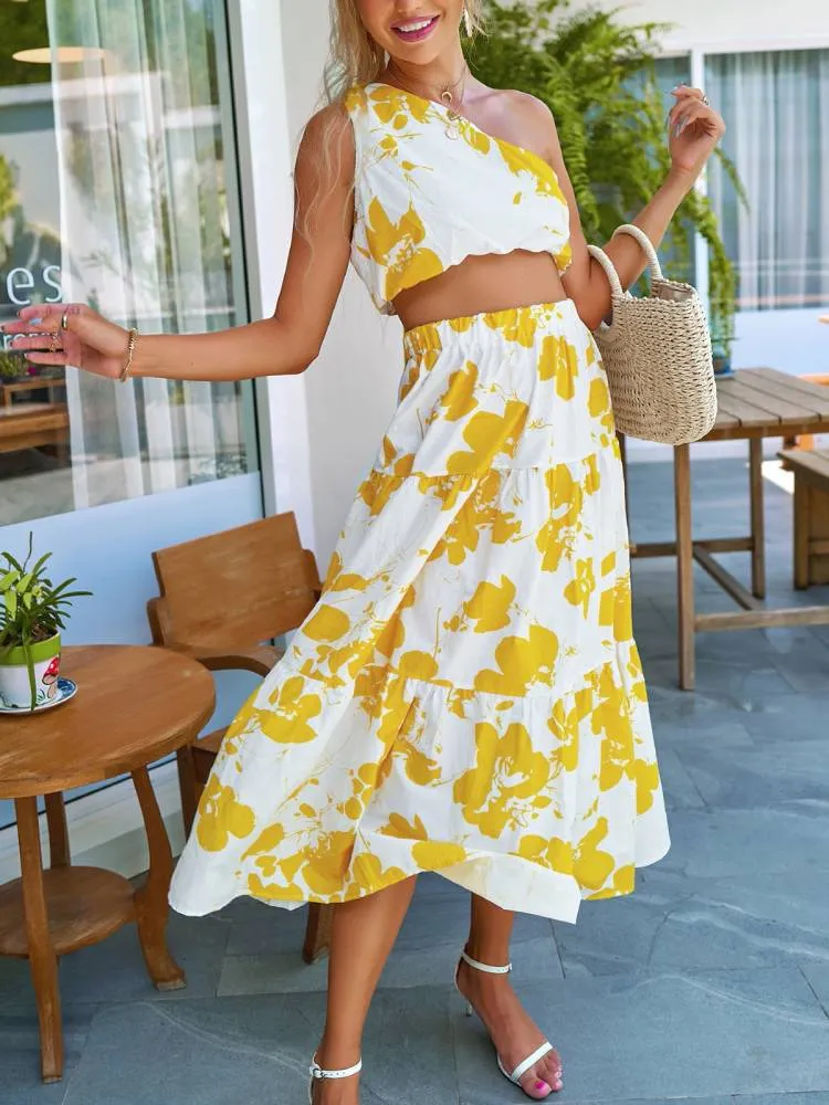 Printed Slanted Shoulder Top And Maxi Skirt Two-piece Set