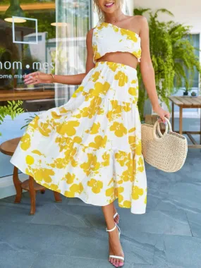 Printed Slanted Shoulder Top And Maxi Skirt Two-piece Set